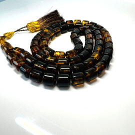 Green Black Baltic Amber Misbaha, Natural Barrel Beads with Plant Inclusions