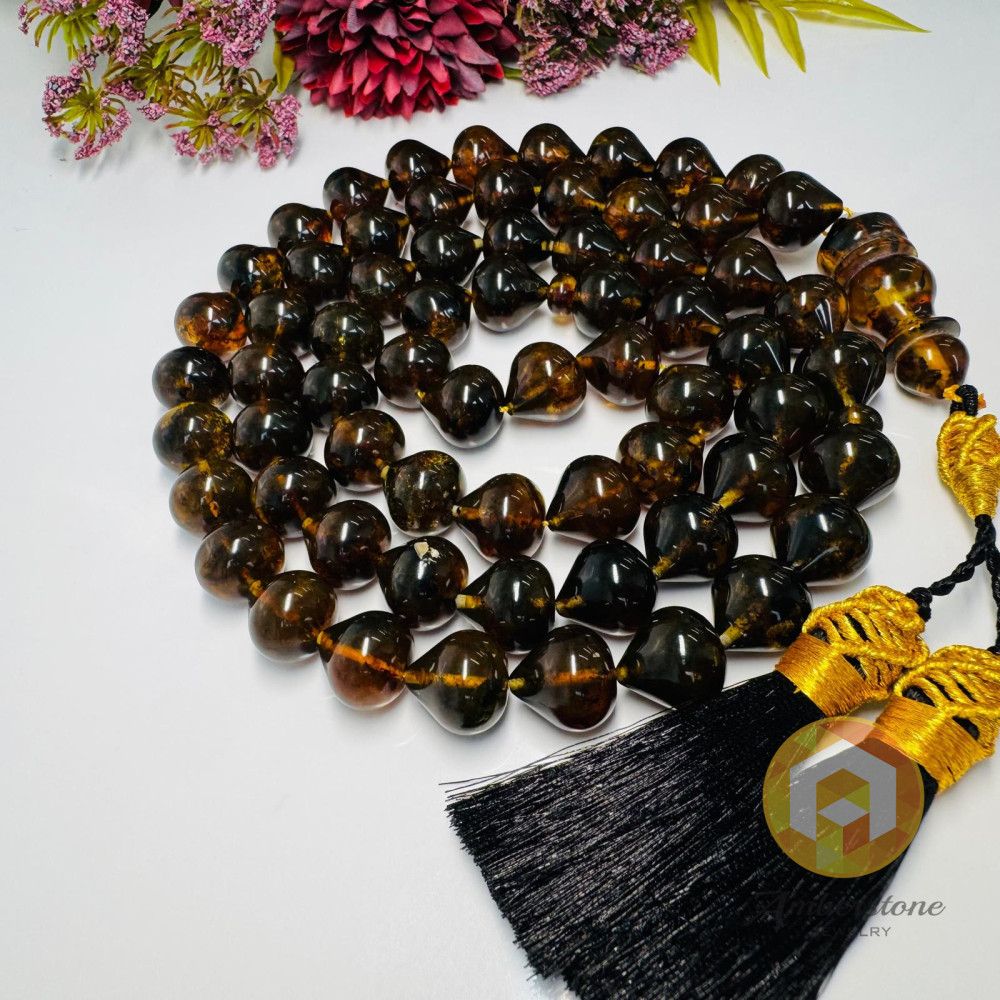 NEW Green Black Amber Beads with Plant Inclusions, Green Baltic Amber Misbaha 66 Beads