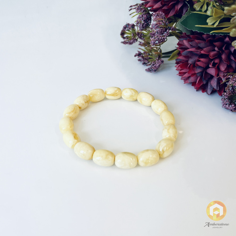 Oval Beaded Amber Bracelet, White Amber Beads