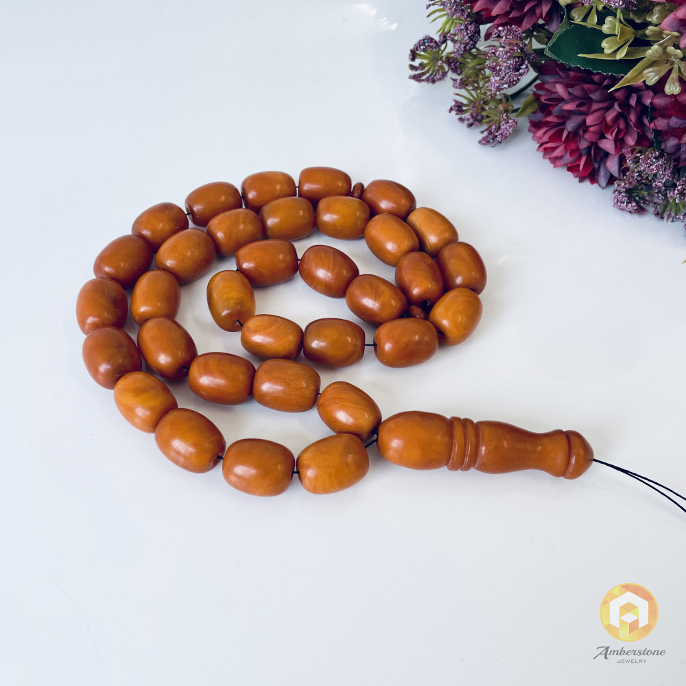 Old German Amber Islamic Prayer Beads, Natural Baltic Amber Tasbih, Vintage Brown Misbaha