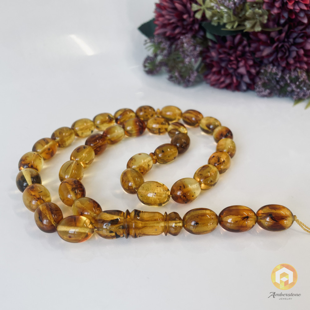 Natural Amber Prayer Beads with Insect Inclusions- Oval Baltic Amber Misbaha