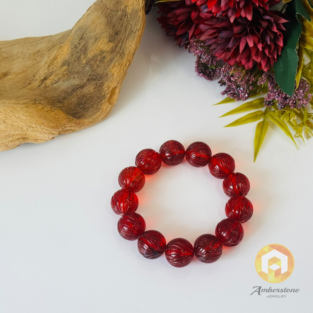 Red Carved Amber Bracelet made of Natural Amber