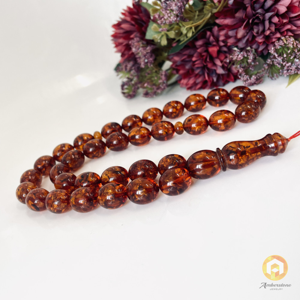 Gold Cognac Amber Islamic Prayer Beads, Amber Rosary
