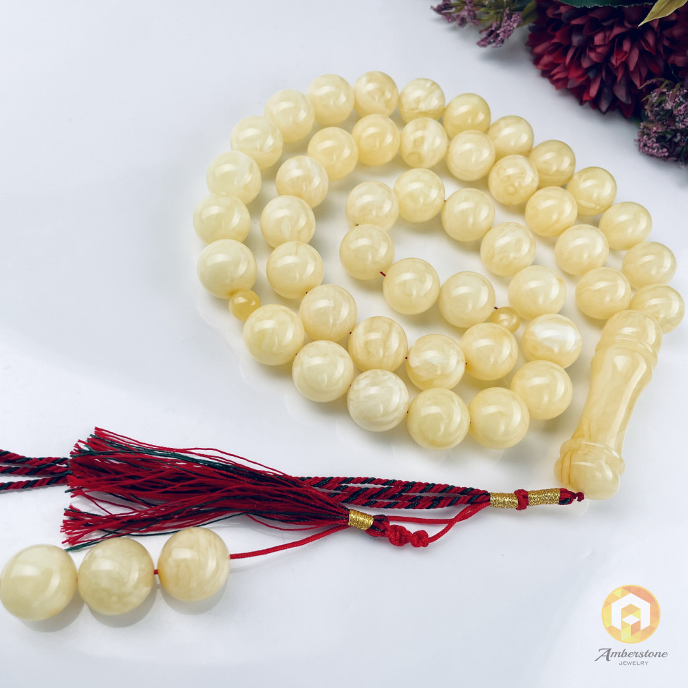 NEW Large White Baltic Amber Rosary, Muslim Prayer Beads with Round Natural Amber Beads