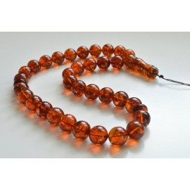 Baltic Amber Tespih Cognac With Shell Color Misbaha 33 Beads 15 mm 67.5 g Handmade