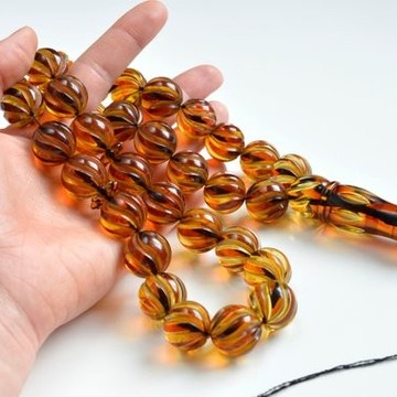 Handcarved Genuine Baltic Amber Misbaha Prayer, Tea Color Natural Baltic Amber Spiral Pattern Rosary 103 grams