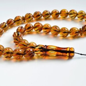Handcarved Genuine Baltic Amber Misbaha Prayer, Tea Color Natural Baltic Amber Spiral Pattern Rosary 103 grams
