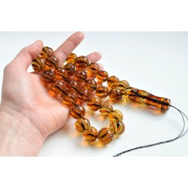 Tea Color Natural Baltic Amber Spiral Pattern Rosary 103 grams Carved Beads