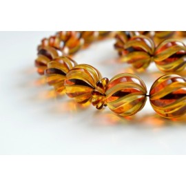 Tea Color Natural Baltic Amber Spiral Pattern Rosary 103 grams Carved Beads