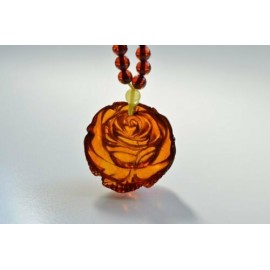 Cognac Baltic Amber Rose Pendant, Hand Carved Natural Cognac Amber Necklace, 21 g