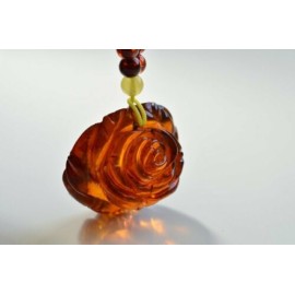 Cognac Baltic Amber Rose Pendant, Hand Carved Natural Cognac Amber Necklace, 21 g