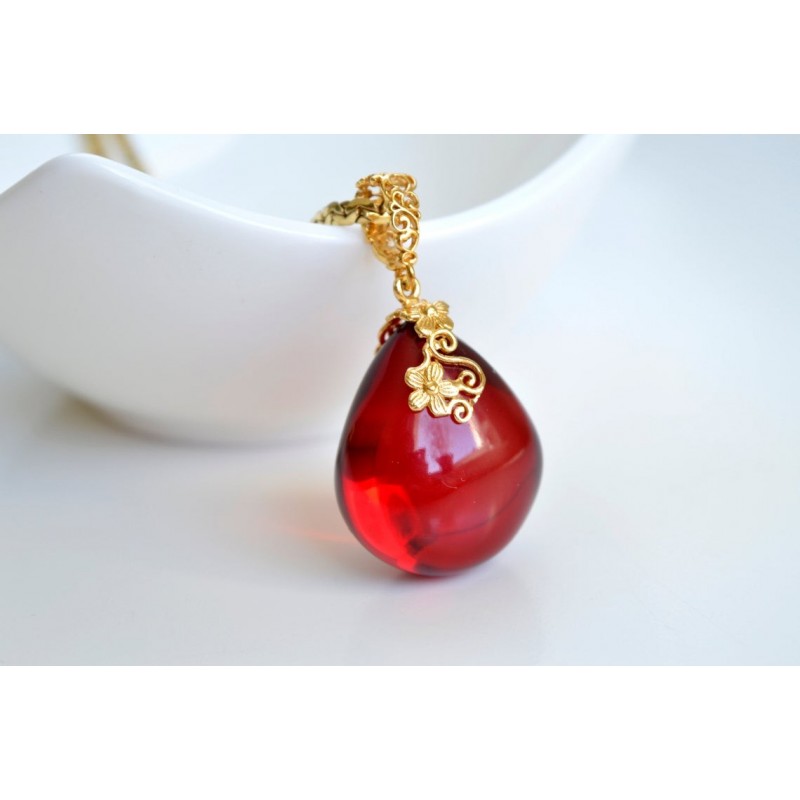 Royal Red Ruby Amber Pendant 8 g, Gold- plated 925 Silver Jewelry, Drop Shape Pendant, Natural Baltic Amber