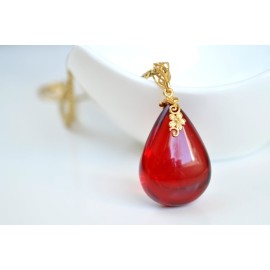 Royal Red Ruby Amber Pendant 7.5 g, Gold- plated 925 Silver Jewelry, Drop Shape Pendant, Natural Baltic Amber