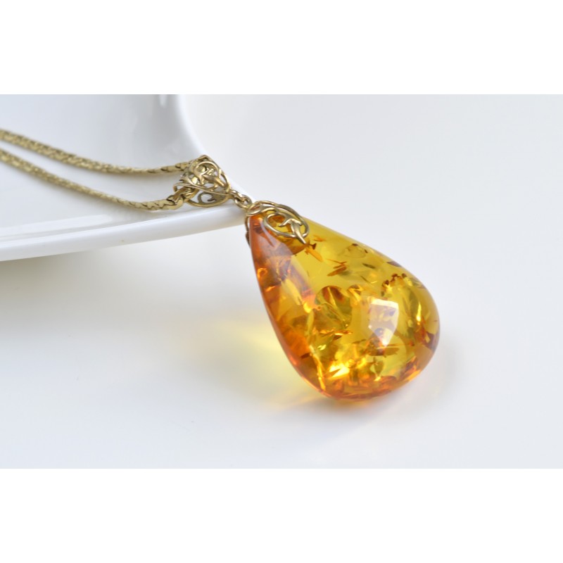 Natural Baltic Amber Pendant, Gold-plated 925 Silver Necklace